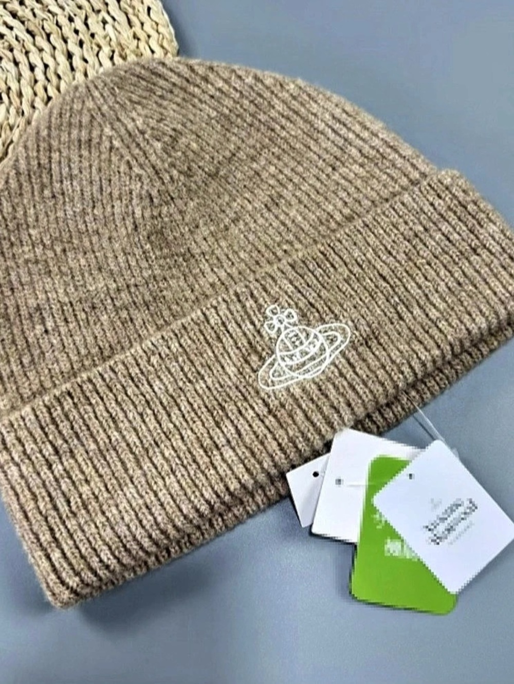 NEW Vivienne Westwood Orb Embroidered Ribbed Beanie Beige S–M With Tags